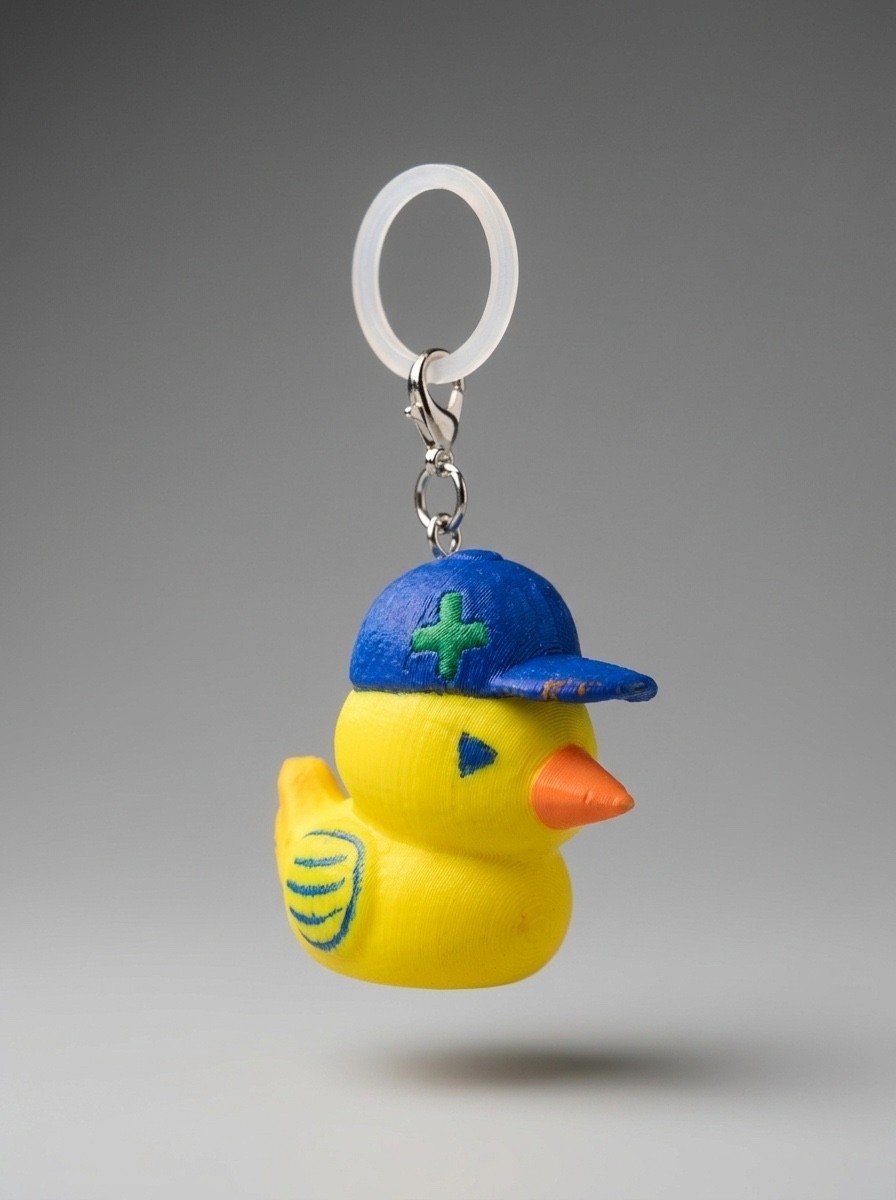 完成したアヒルのチャーム（グレー背景の製品撮影）