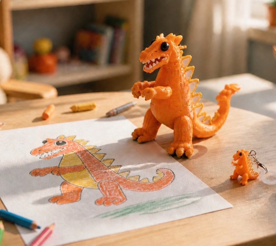 子どもが描いた元の絵と、それをかたちにしたフィギュアとチャームが同じ机に並んだ様子