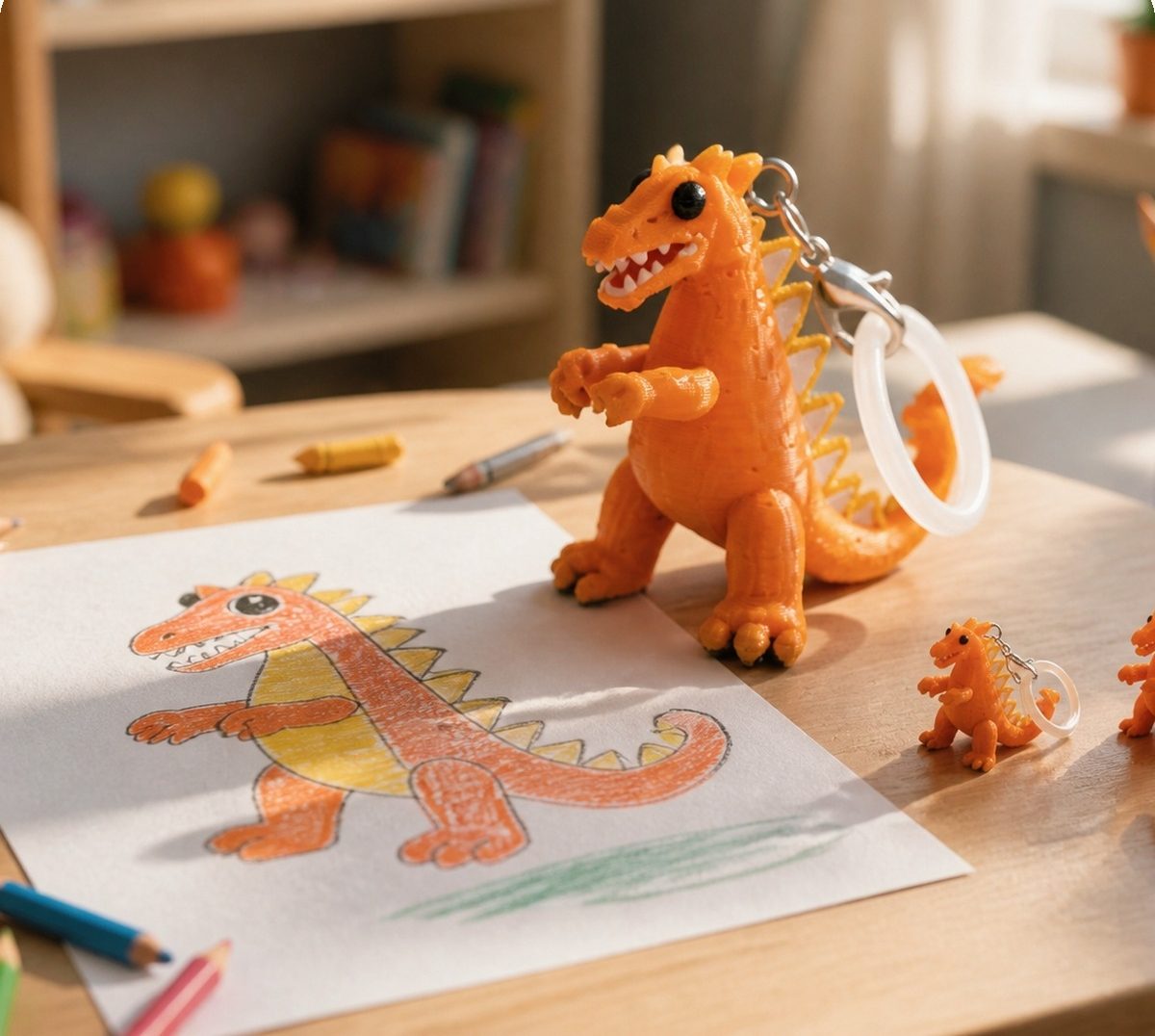 子どもが描いた元の絵と、それをかたちにしたフィギュアとチャームが同じ机に並んだ様子
